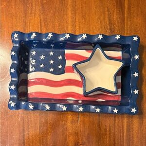 Vintage Home Interiors 2002 American Flag Patriotic 2 Piece Chip & Dip Set 8x14